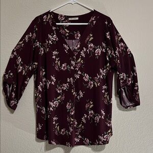 Beacon Patty Roll Tab Knit Top from Stitch Fix - Burgundy Floral Blouse